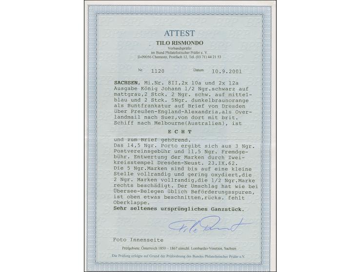 5 Ngr. ziegelrot, 2 Einzelwerte, zusammen mit 2 Einzelwerten 2 Ngr. auf blau und Einzelmarke ½ Ngr. auf grau, letztere rechts