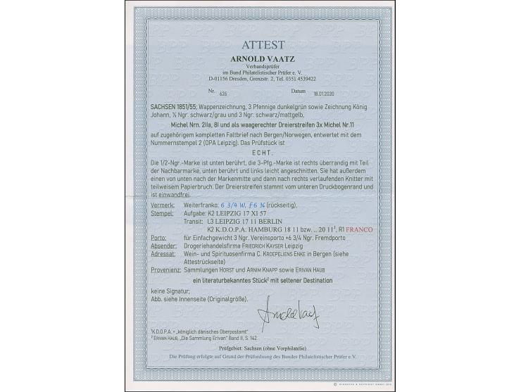 3 Ngr. auf gelb im waagerechten 3er-Streifen, voll- bis überrandig, unten mit breitem Bogenrand, und in leuchtend frischer Fa