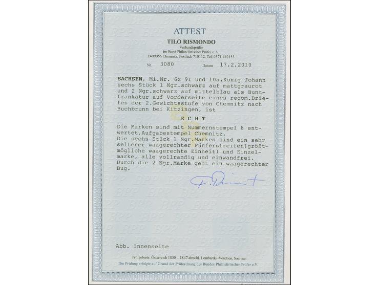 1 Ngr. auf mattgraurot im waagerechten 5er-Streifen mit weiterer 1 Ngr. und 2 Ngr. auf blau, alle farbfrisch und voll- bis br