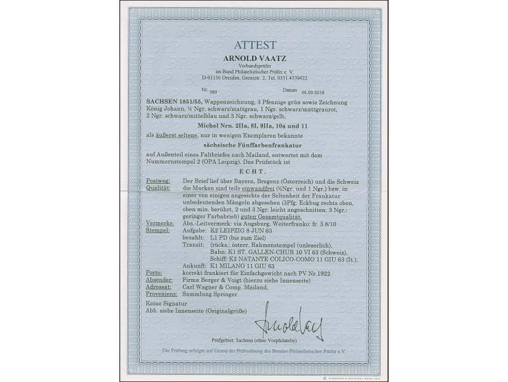 ½ Ngr. auf mattgrau, 1 Ngr. auf graurot, 2 Ngr. auf blau und 3 Ngr. auf gelb und 1851/63, 3 Pfg. grün, als Streifen geklebt m