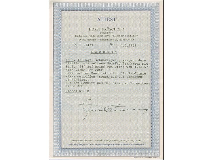 ½ Ngr. auf grau, Type I, waagerechter 4er-Streifen, das rechte Paar unten leicht berührt, sonst voll- bis breitrandig, mit kl