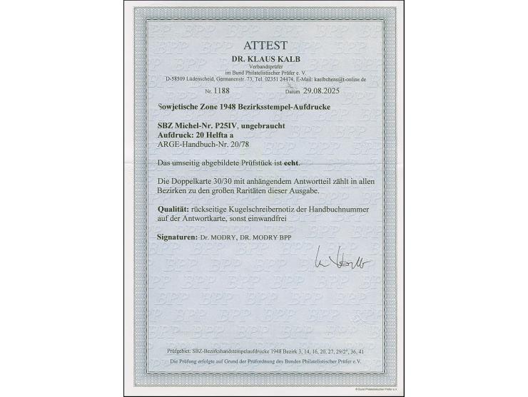 “20/Helfta a” (Arge 20/78) auf Doppel-Karte Arbeiter 30 Pfg., aus rückgelieferten Restbeständen der Originalauflage an das Po