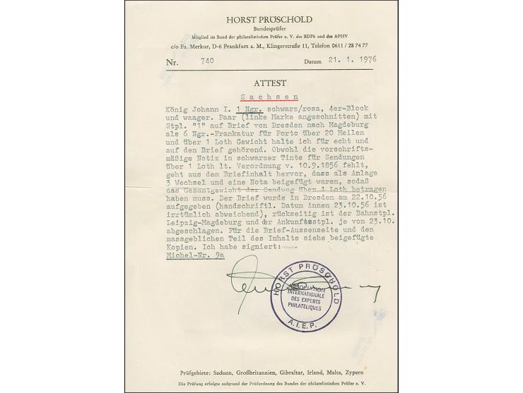 1 Ngr. auf mattgraurot, Type I, 4er-Block und waagerechtes Paar, mit Nr. "1" und nebengesetztem Doppelkreisstempel "DRESDEN 2