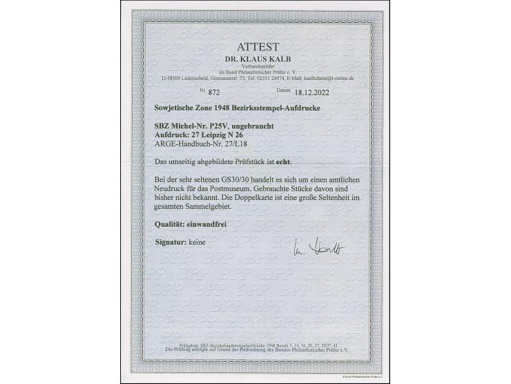 “27/Leipzig N 26” (Arge 27/L18), auf Doppel-Karte Arbeiter 30 Pfg., sogen. amtlicher Nachdruck für das Postmuseum, ungebrauch