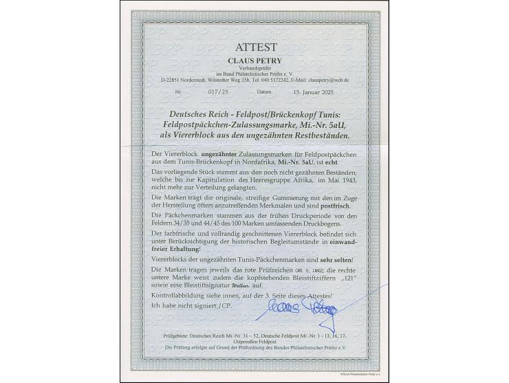 Tunis-Päckchenmarke und gezähnt im Viererblock, sehr frisch und allseits breitrandig, postfrisch mit vollem Originalgummi. Ta