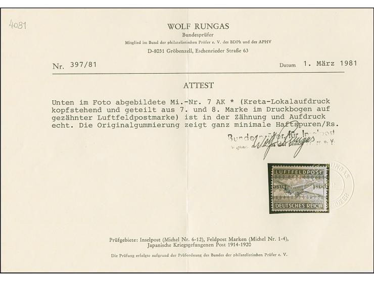 Kreta gezähnt mit kopfstehendem Aufdruck, ohne Falz oder Falzspur, im unteren Bereich leichte Haftspuren. Einwandfrei. Signie