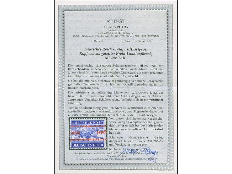 Kreta gezähnt mit kopfstehendem Aufdruck, ohne Falz oder Falzspur, im unteren Bereich leichte Haftspuren. Einwandfrei. Signie