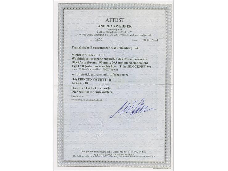 Rotes Kreuz-Block mit Stempel "EBINGEN 14.9.49" auf Briefstück. Einwandfrei. Fotoattest Wehner BPP (2024)