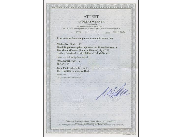 Rotes Kreuz-Block mit Stempel "KOBLENZ 20.5.49". Einwandfrei. Fotoattest Wehner BPP (2024)