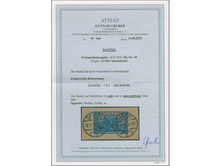 Großer Innendienst 60 Pfg.-2 M. komplett mit zeitgerechter Entwertung "DANZIG 5 c 18.9.20" auf Briefstücken. 1M. Wenige verkü