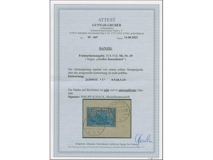 Großer Innendienst 60 Pfg.-2 M. komplett mit Stempel "ZOPPOT f 9.9.20" auf Briefstücken. Einwandfrei. Signiert Kosack, jeweil