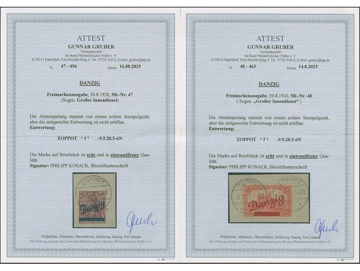Großer Innendienst 60 Pfg.-2 M. komplett mit Stempel "ZOPPOT f 9.9.20" auf Briefstücken. Einwandfrei. Signiert Kosack, jeweil