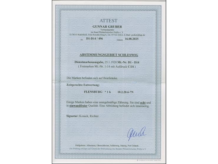 1920, C.I.S. 2 ½ Pfg. – 10 M., je mit sauberem Stempel "FLENSBURG 1k 10.2.20" auf Briefstücken. Einwandfrei. Fotoattest Grube