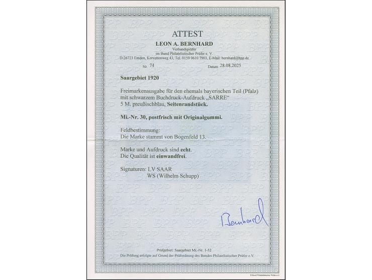 5 M. mit linken Bogenrand, postfrisch in einwandfreier Erhaltung. Signiert LV Saar und Schupp, Fotoattest Bernhard BPP (2025)