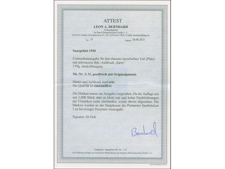 Unverausgabte 2 Pfg., postfrisch in einwandfreier Erhaltung. Signiert Dr. Dub, Fotoattest Bernhard BPP (2025)