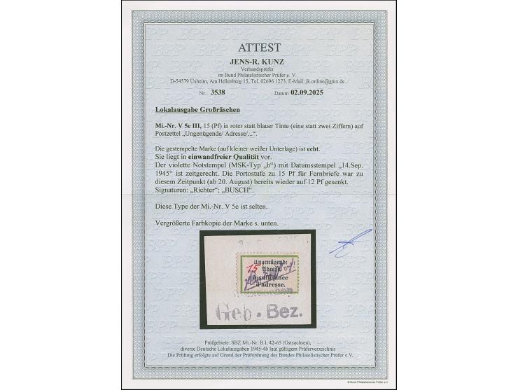 1945, Postzettel “Ungenügende Adresse - insuffisance d'adresse” 15 Pfg. mit Wertangabe in roter statt blauer Tinte, auf Brief