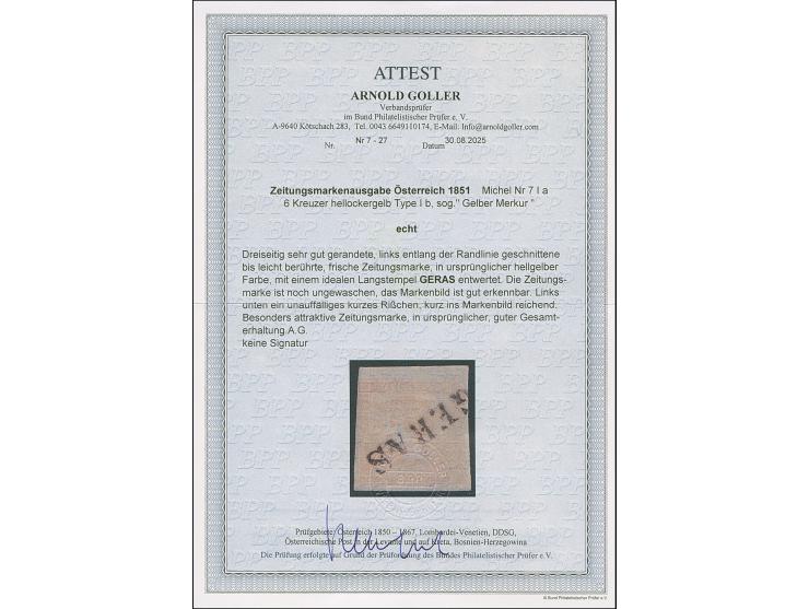 1851, “Gelber Merkur” 6 Kr., Type Ia, dreiseitig breit-bis überrrandig, links leicht an der Randlinie geschnitten bis berührt