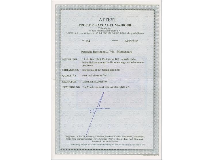 1943, Verwaltungsausschuss 10 L., sauber ungebraucht. Einwandfrei. Signiert Dr. Oertel und Richter, Fotoattest Prof. El Majdo