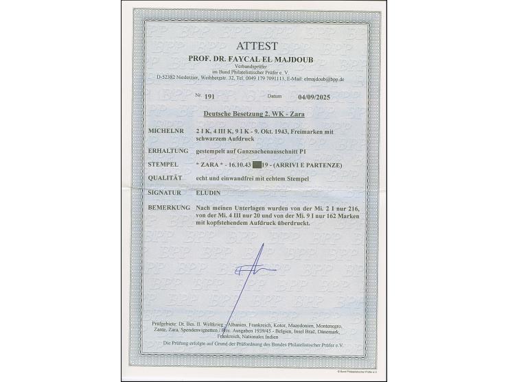 10 C., 20 C. und 1 L., je mit kopfstehendem Aufdruck, dabei die 20 C. in der seltenen Type III, mit Stempel "ZARA 16.10.43 au