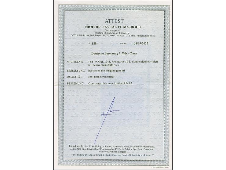 10 L. postfrisch, mit Bogenrand (hier Falzrest). Tadellos. Fotoattest Prof. El Majdoub BPP (2025)