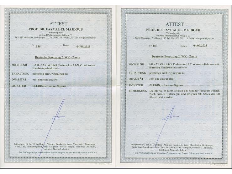 1943, 10 C.-50 C., alle 4 Werte mit rotem Aufdruck, postfrisch. Tadellos. Signiert Ludin und Drossos, &nbsp;Fotoattest Prof. 