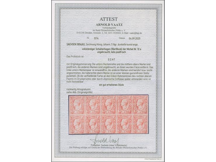 5 Ngr. ziegelrot (backsteinrote Nuance aus einer frühen Auflage), kompletter Schalterbogen von 10 Marken, berührt bis breitra