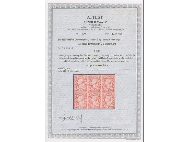 5 Ngr. ziegelrot (orangerot Nuance aus einer frühen Auflage), waagerechter 6er-Block, rechts leicht berührt, sonst voll- bis 