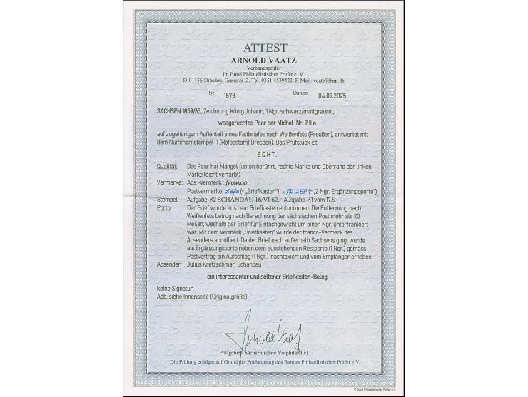 1 Ngr. auf mattgraurot (dunkel Nuance) im waagerechten Paar, unten berührt, sonst voll- bis breitrandig, teils leicht verfärb