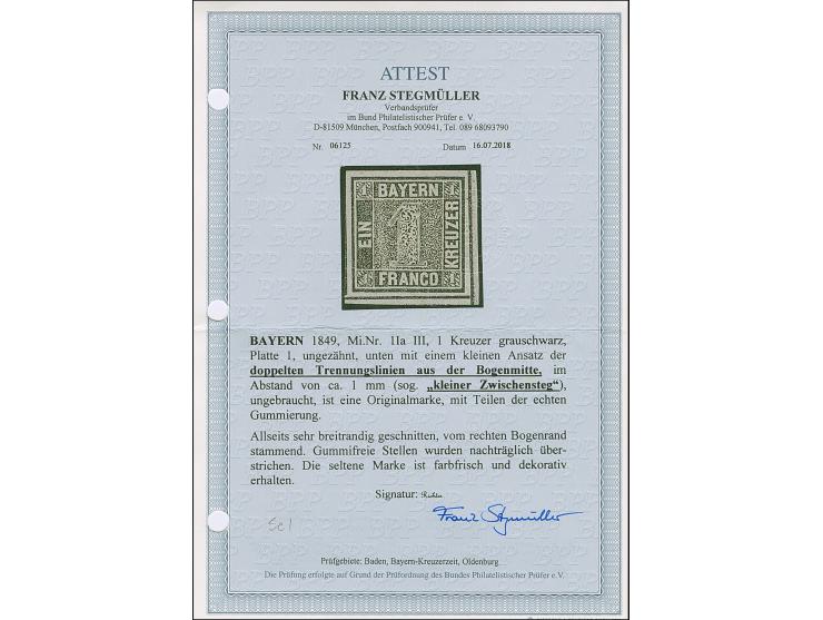 1 Kreuzer schwarz, Platte 1, farbfrisch und allseits breitrandig, unten mit Teil der doppelten Trennungslinie, ungebraucht mi