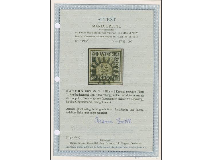 1 Kreuzer schwarz, Platte 1, farbfrisch und allseits breitrandig, unten mit kleinem Teil der doppelten Trennungslinie, sauber