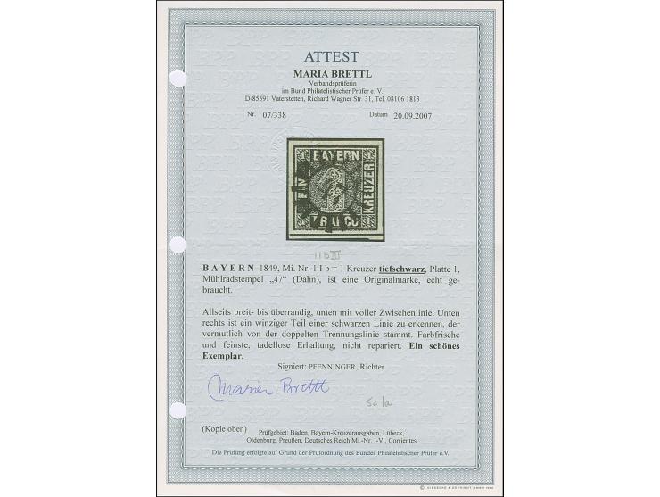 1 Kreuzer tiefschwarz, Platte 1, farbfrisch und allseits breitrandig, unten rechts mit kleinem Teil der doppelten Trennungsli