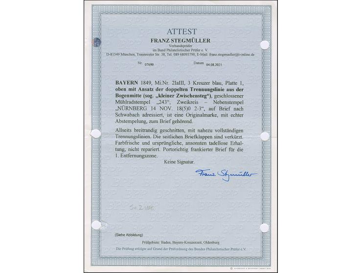 3 Kreuzer blau, allseits breitrandig, oben mit sichtbarer doppelter Trennungslinie, mit gMR "343" und nebengesetztem DKr. "NÜ