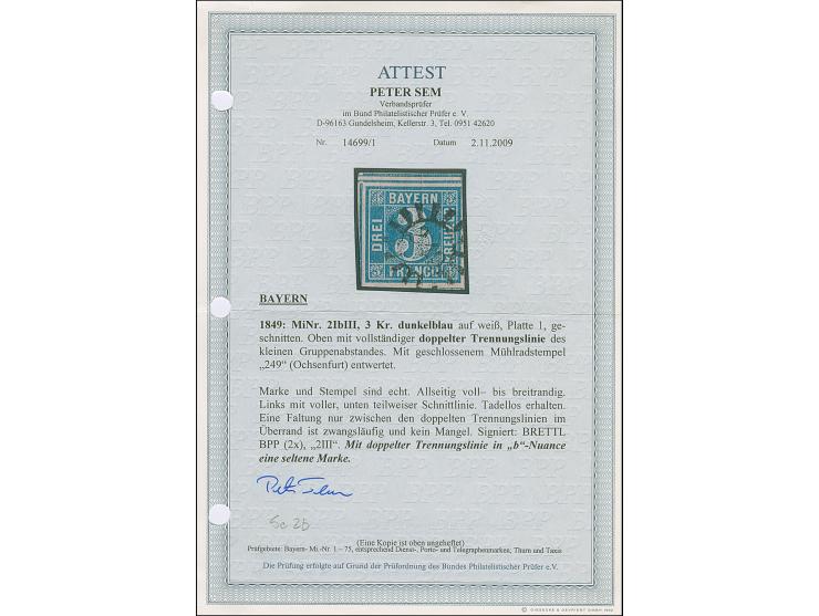 3 Kreuzer dunkelblau, voll- bis überrandig, oben mit vollständiger doppelter Trennungslinie (hier obligatorische leichte Falt