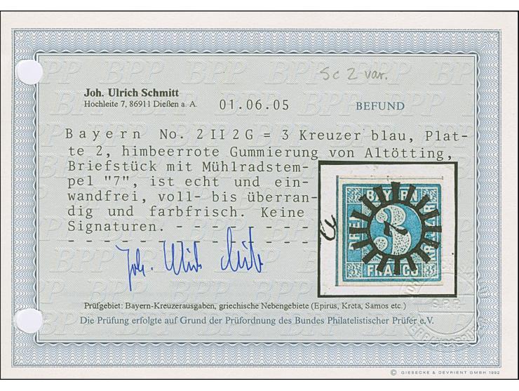 3 Kreuzer blau mit rotem Versuchsgummi von Altötting, farbfrisch und voll- bis meist breitrandig, mit glasklar aufgesetztem g