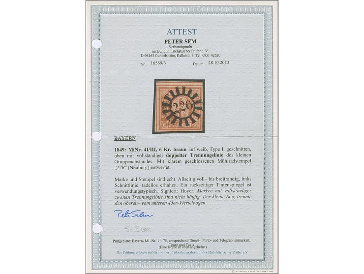 6 Kreuzer braunorange, voll- bis breitrandig, oben mit vollständiger doppelter Trennungslinie, sehr schön entwertet durch zen