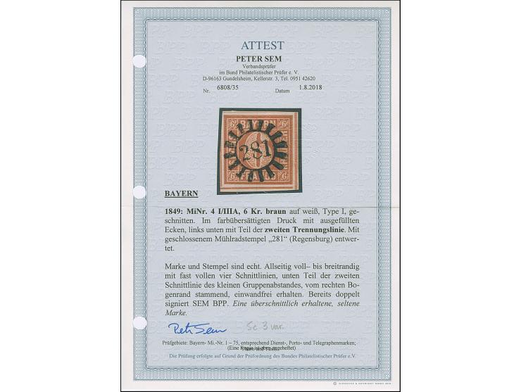 6 Kreuzer braunorange mit ausgefüllten Ecken, voll- bis meist breitrandig, unten links mit Teil der doppelten Trennungslinie,