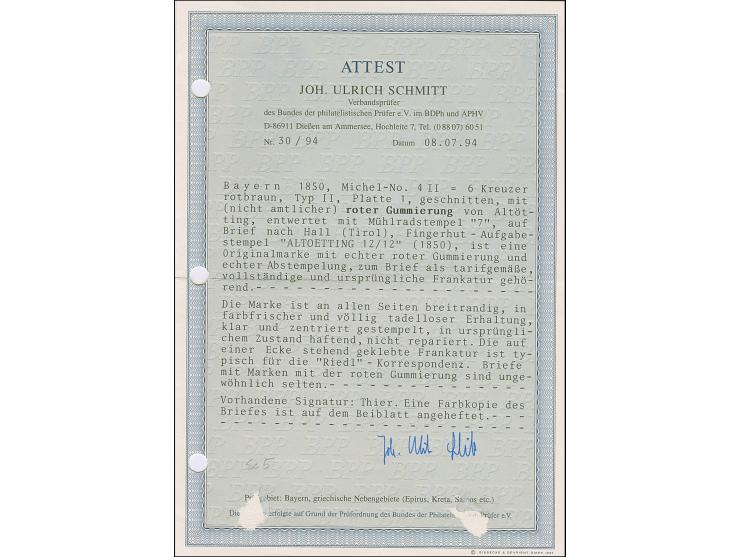 6 Kreuzer rotbraun mit roter Gummierung von Altötting, farbfrisch und allseits breitrandig, mit glasklar und zentrisch aufges