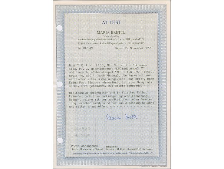 3 Kreuzer blau mit roter Gummierung von Altötting, farbfrisch und allseits breitrandig, mit klar aufgesetztem gMR "7" auf Fal