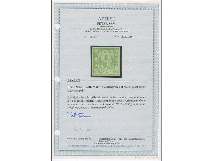 9 Kreuzer bläulichgrün in Type III, sehr schön farbfrisch und allseits voll- bis breitrandig, ungebraucht mit verlaufenem Res