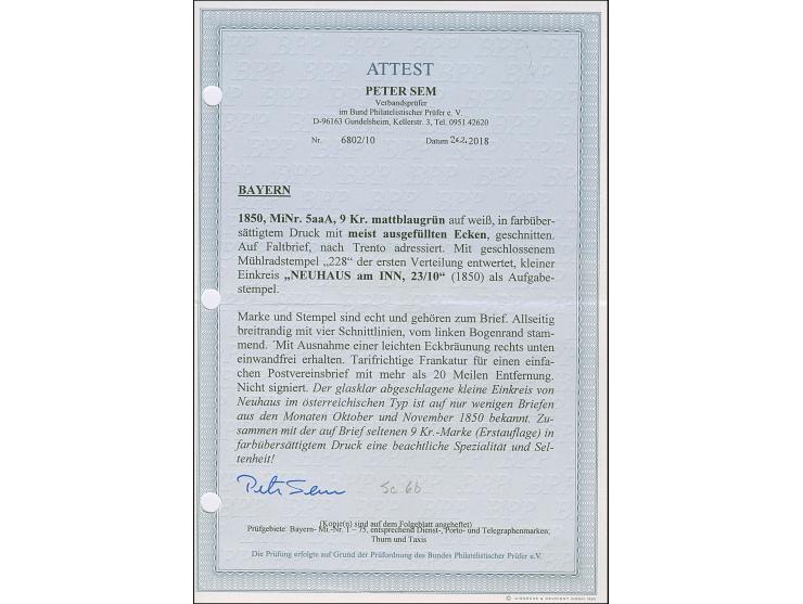 9 Kreuzer mattblaugrün, farbübersättigter Druck mit meist ausgefüllten Ecken, allseits breitrandig, mit sauber aufgesetztem g