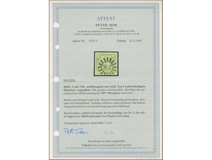 9 Kreuzer mattblaugrün, Type I, allseits breitrandig, dreiseitig mit Schnittlinien, mit klar und gerade aufgesetztem gMR "387