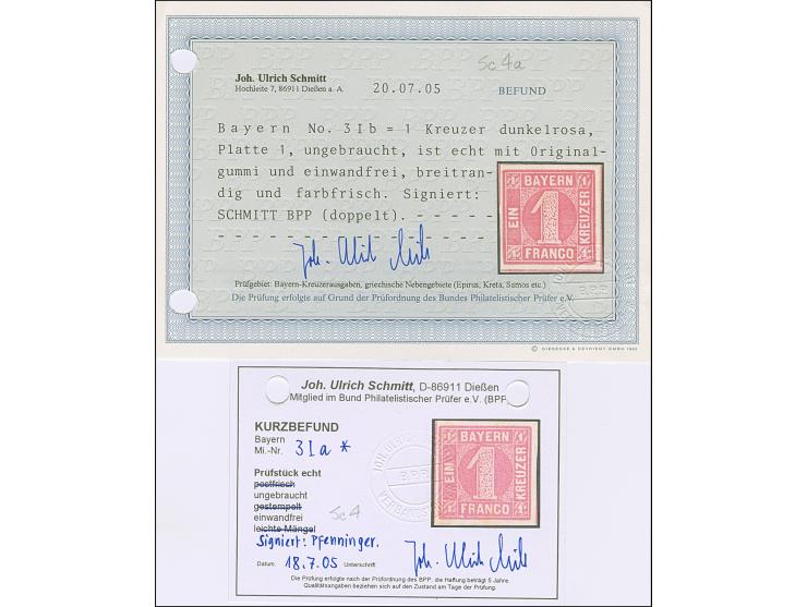 1 Kreuzer Platte 1, rosa und dunkelrosa, beide farbfrisch und breitrandig, ungebraucht mit Originalgummi. a-Farbe signiert Pf