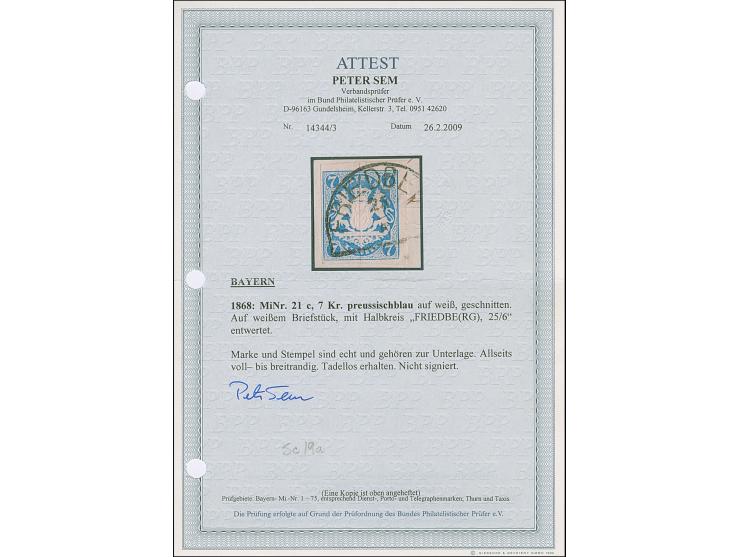 7 Kreuzer preußischblau, farbfrisch und voll- bis meist breitrandig, mit sauberem Halbkreisstempel "FRIEDEBERG 25/6" auf Brie