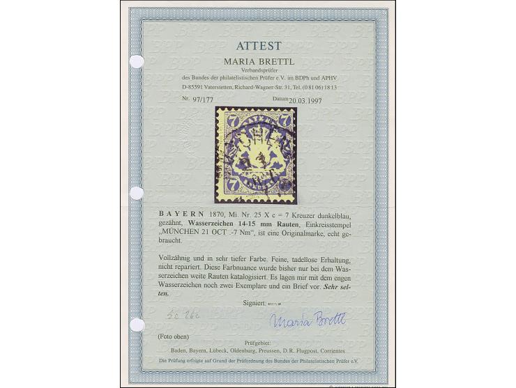 7 Kreuzer dunkelblau, schöne tiefe, frische Farbe und einwandfrei gezähnt, entwertet durch EKr. "MÜNCHEN 21 OCT". Tadellos. E