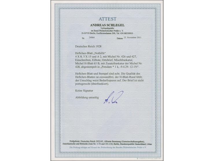 1928, Nothilfe-Heftchenblatt in MiF mit Mi. 428 auf R-Eilboten-Ortsbrief in Potsdam vom 9.4.29, die Frankatur ist echt und ei