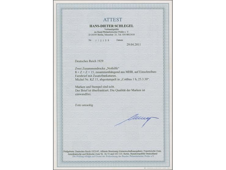 1929, Nothilfe 8Pfg.+Z+Z+15 Pfg. im waagerechten Paar mit weiterem Zusammendruck 15+8 Pfg. rechts sowie Ebert 5 Pfg. je mit S