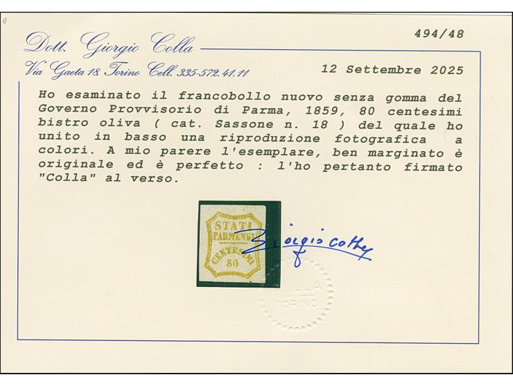 1859, 80 c. bistre-olive, fresh colour, good to large balanced margins, unused without gum, very fine, opinion Colla (2025)