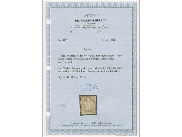 1 Mark braunpurpur, farbfrisch und, bis auf einen minimal verkürzten Zahn links oben, einwandfrei, ungebraucht mit Originalgu