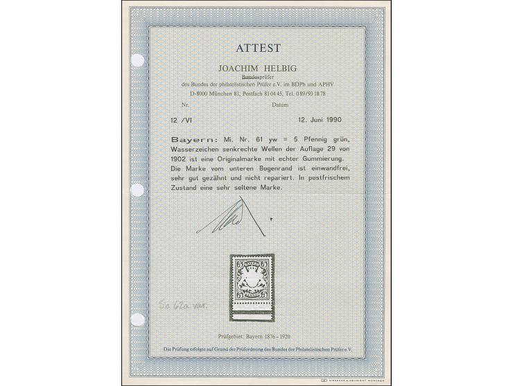 1890, 5 Pfennig grün auf Papier y mit Wasserzeichen 3, Unterrandstück, postfrisch. Tadellos und unsigniert. Fotoattest Helbig