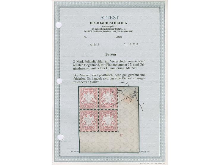 1890, unverausgabte 2 Mark mittelbräunlichlila, rechter unterer Eckrand-4er-Block mit Pl.-Nr. "17", postfrisch. Einwandfrei. 